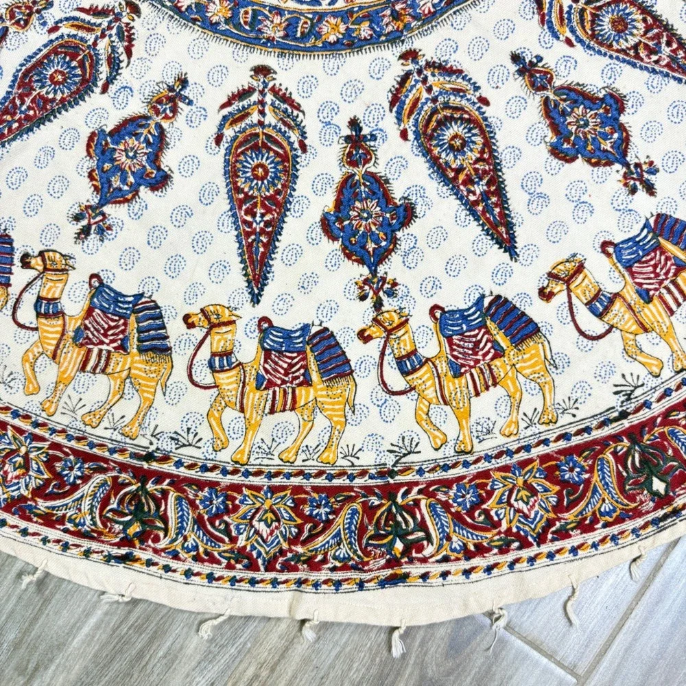 Vintage‎ Kalamkari Tablecloth Ghalamkar Block Print Round Mandala